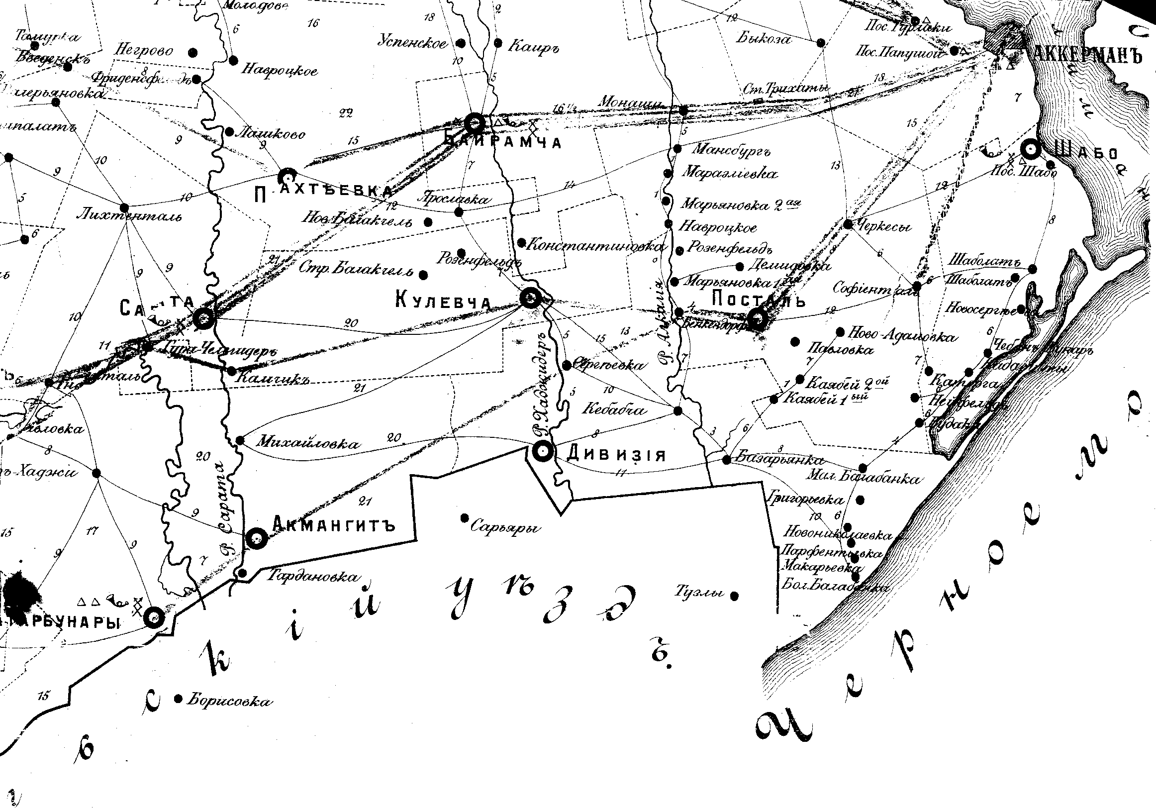 Фрагмент карти Аккерманського повіту 1907 р.